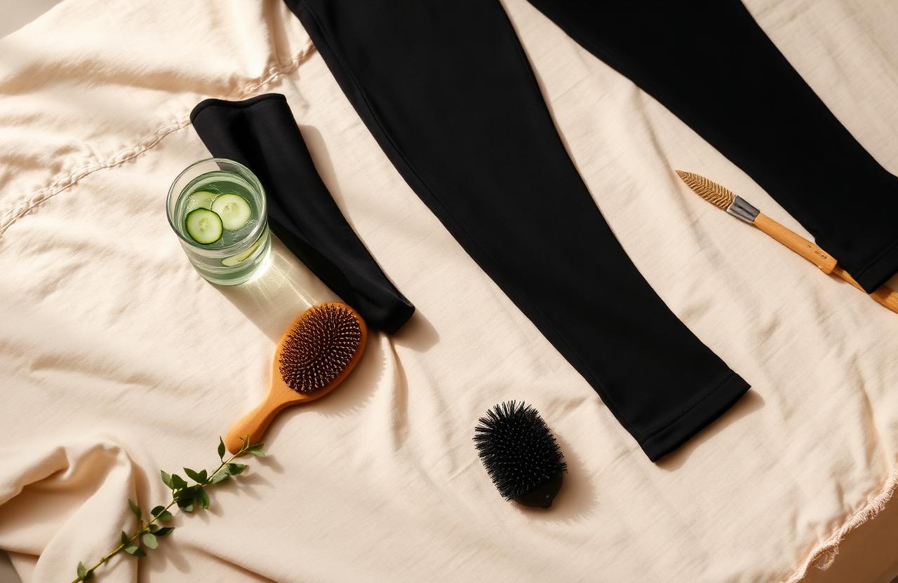 Black lymphatic compression leggings folded on warm linen beside a glass of cucumber water, a dry brush, and a sprig of eucalyptus
