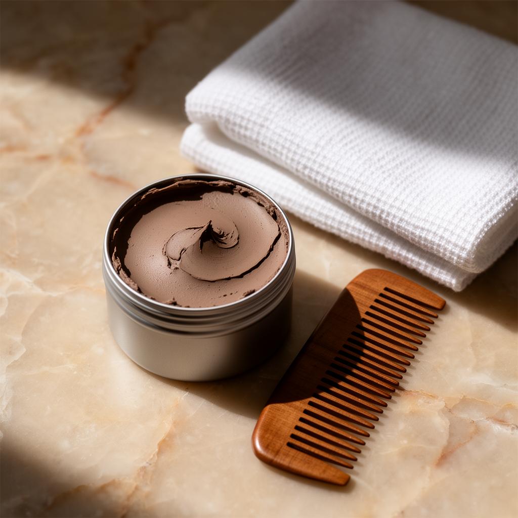 An open tin of clay pomade on a warm marble surface beside a wooden comb and folded white cotton towel