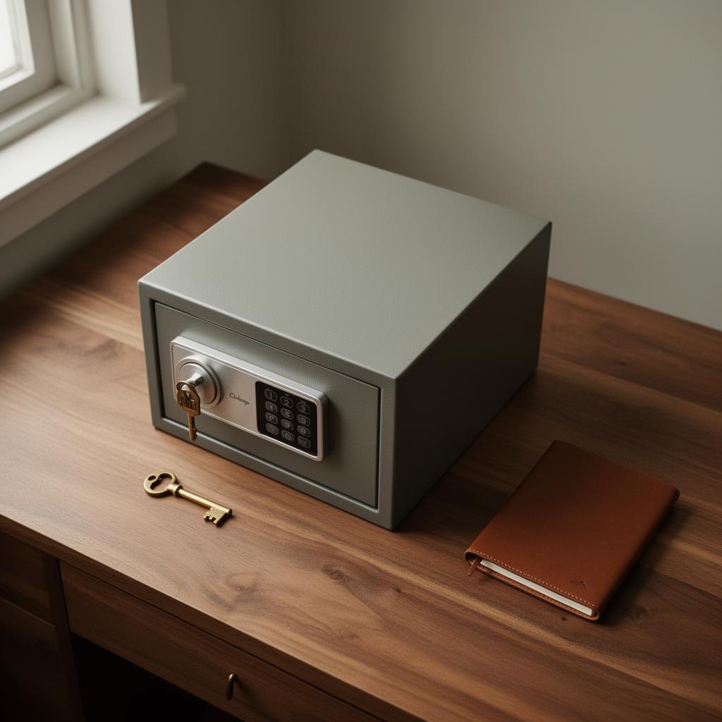 A modern personal safe with fingerprint reader on a walnut desk beside a brass key and leather notebook