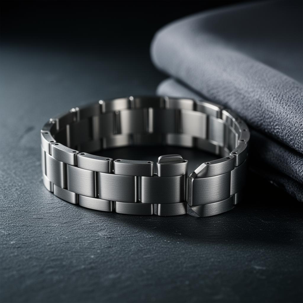 A brushed natural titanium Apple Watch link bracelet coiled on a dark slate surface beside a microfiber cloth